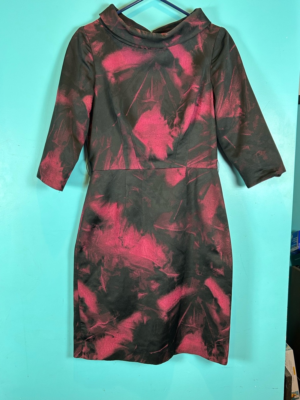 Teri Jon Black Dress with Pink Abstract Print and Folded Collar